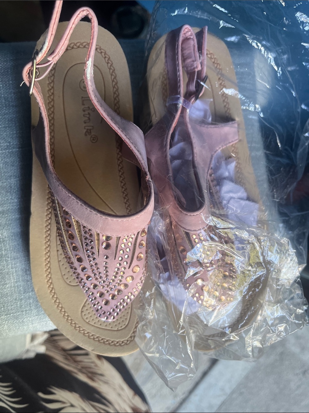 Women's Pink Jeweled T-Strap Sandals with Ankle Buckle